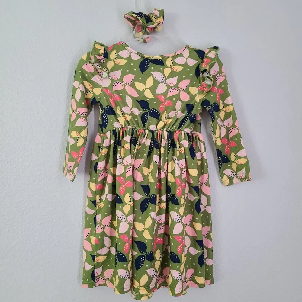 Blueberi Boulevard Green Leaf Print Long Sleeve Dress with Scrunchie Size 4T